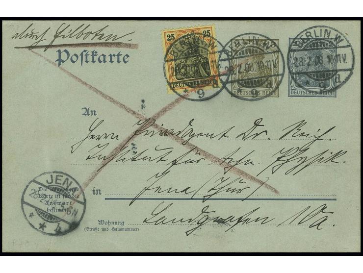 1906, Doppelkarte 3 Pfg. + 2 Pfg. ohne Wasserzeichen mit Zufrankatur 25 Pfg. als Eilboten-Karte von "BERLIN 28.2.08" mit viel
