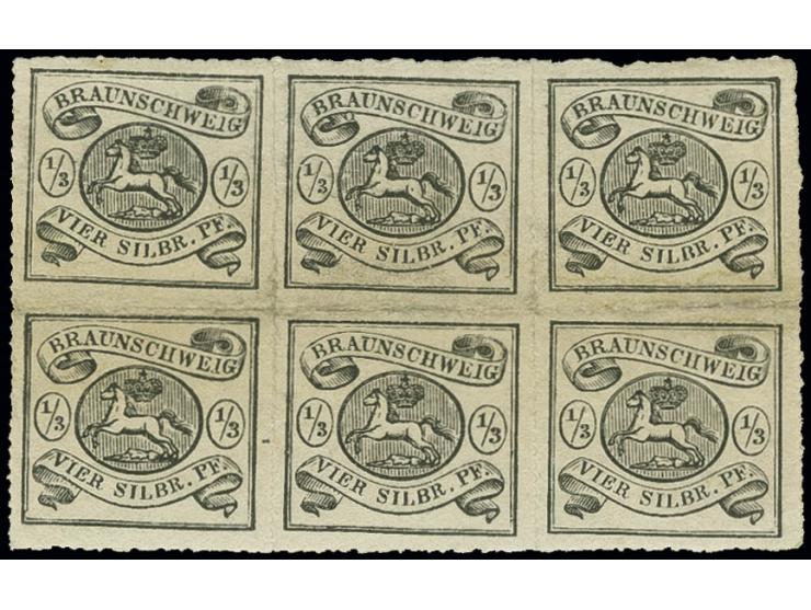 1/3 Silbergroschen schwarz im waagerechten 6er-Block, ungebraucht mit Originalgummi, leicht fleckig und leichte Knitterspuren