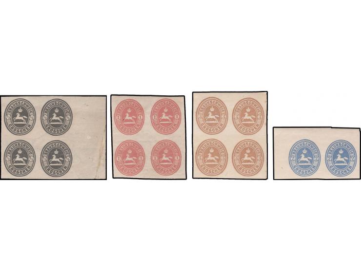 1865, Wappenausgabe 1/3 - 3 Groschen komplett undurchstochen, 2 Groschen im Paar, die übrigen Werte je im 4er-Block, ungebrau