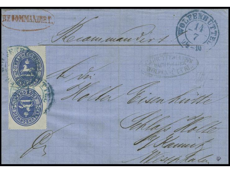 2 Groschen ultramarin, 2 Einzelwerte als tête-bêche geklebt mit blauem DKr. "WOLFENBÜTTEL 14/7" (1866) auf Reco-Briefhülle mi