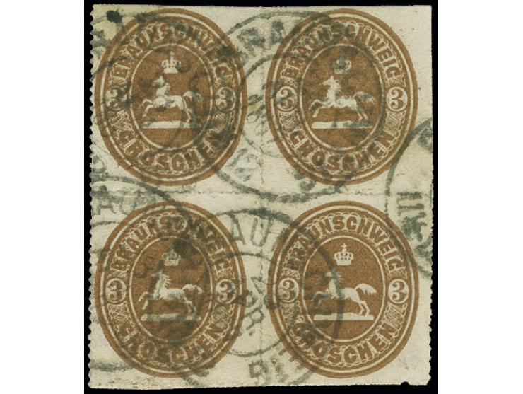 3 Groschen braun im 4er-Block mit DKr. "BRAUNSCHWEIG 28 APR. 1867"; das obere Paar dreiseitig Scherentrennung, das untere vol