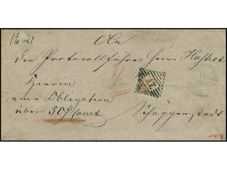 Postscheinausschnitt ½ Ggr. braunrot, allseits breitrandig geschnitten mit glasklarer Nummer "47" und nebengesetztem blauem D