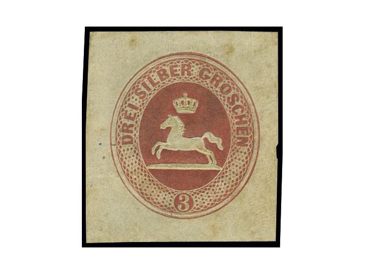 Probedruck des Ganzsachen-Wertstempels 3 Silbergroschen rosa, breitrandig viereckig geschnitten auf gummiertem China-Papier. 