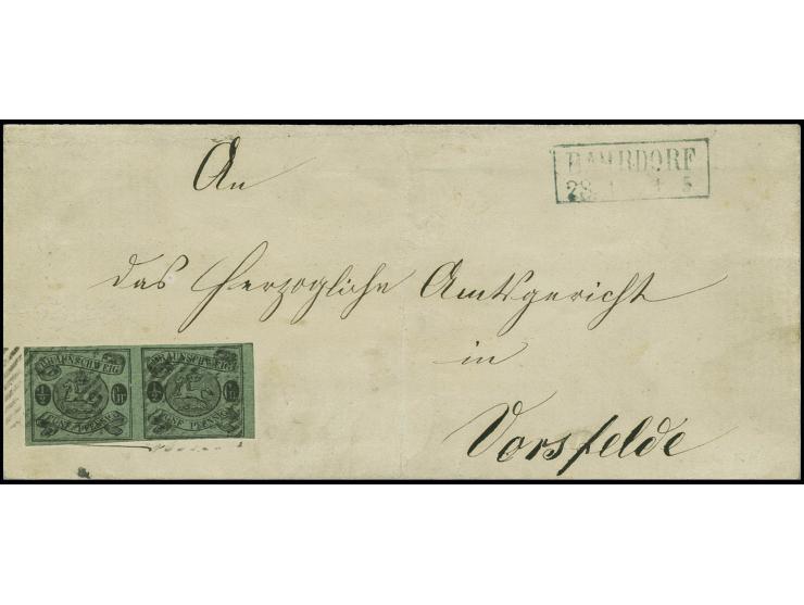 "2" BAHRDORF, zweimal leicht abgeschlagen auf waagerechtem Paar 1863, ½ Groschen auf grün, voll- bis breitrandig auf Briefhül