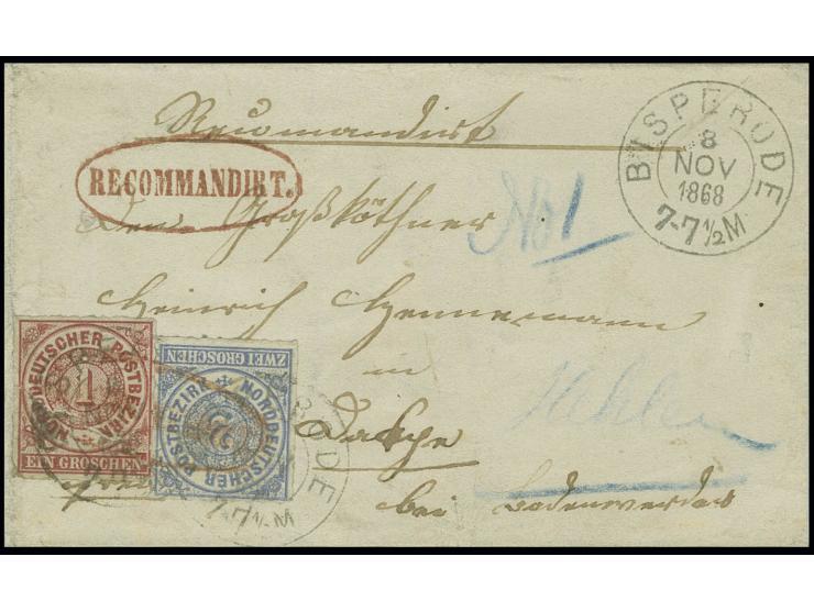 "BISPERODE 8 NOV 1868", DKr. nachverwendet auf NDP 1 Groschen karmin (defekt aufgeklebt) und 2 Groschen ultramarin sowie saub
