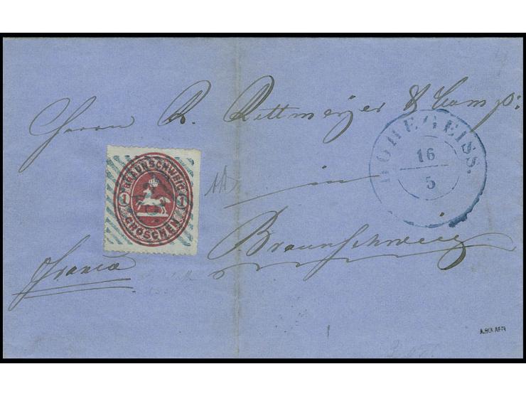 "23" HOHEGEISS in blau glasklar abgeschlagen auf 1865, 1 Groschen karmin (rechts leichte Scherentrennung) auf Briefhülle mit 