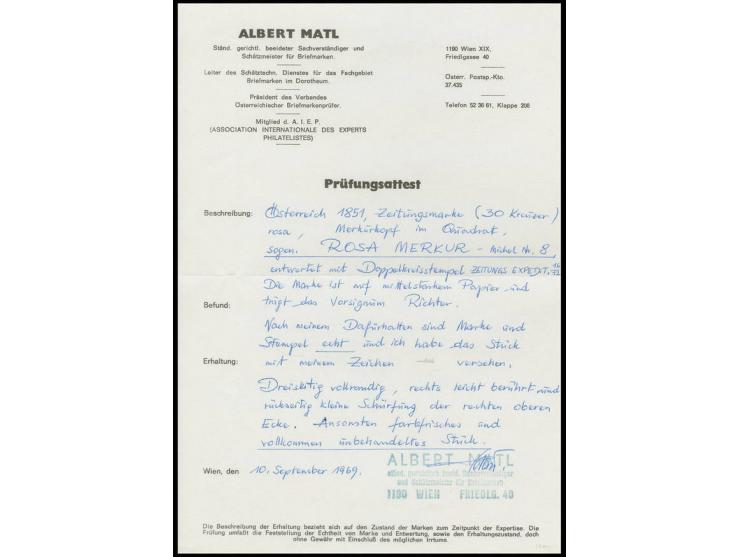 Rosa Merkur, 30 Kr., rechts etwas angeschnitten, sonst voll- bis breitrandig und farbfrisch mit DKr. "ZEITUNGS-EX.... 16/12";
