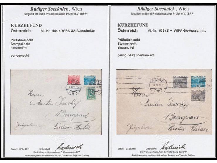 GANZSACHENAUSSCHNITTE: 1933, WIPA-Ganzsachenausschnitte 12 Gr. (2) und 30 Gr. mit Zufrankatur auf 2 Briefen nach Belgrad, je 