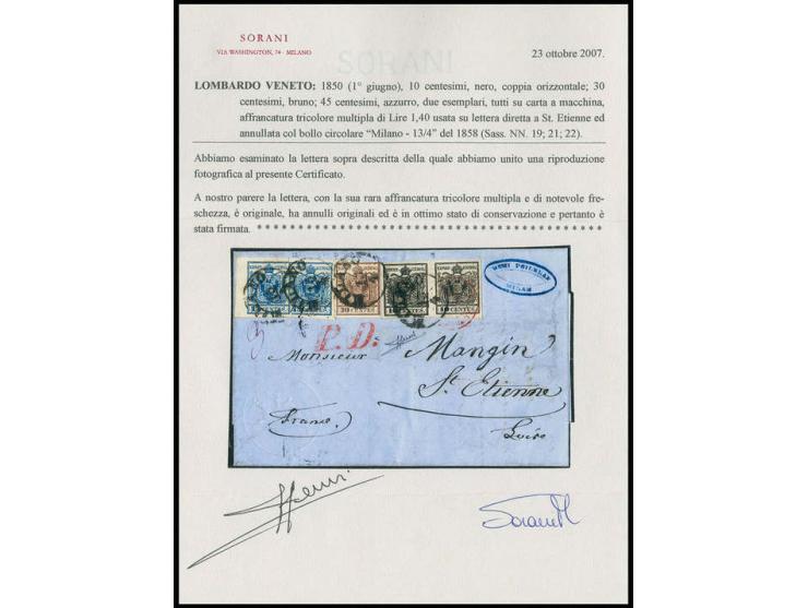 1854/57, Maschinenpapier: 10 C. schwarz im waagerechten Paar, 30 C. braun und 2 Einzelwerte 45 C. blau, alle voll- bis meist 