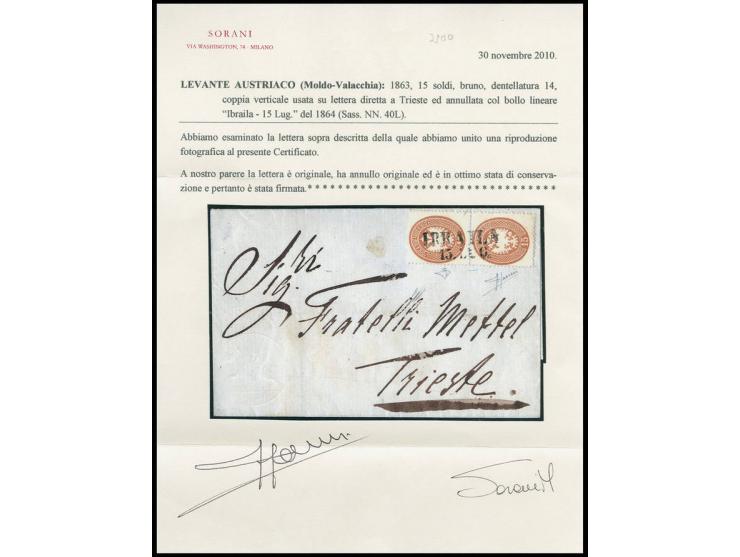 15 So. braun, senkrechtes Paar, mti L2 "IBRAILA 15 LUG" (1864) auf Brief nach Triest mit Transitstempel von Pesth und Ankunft