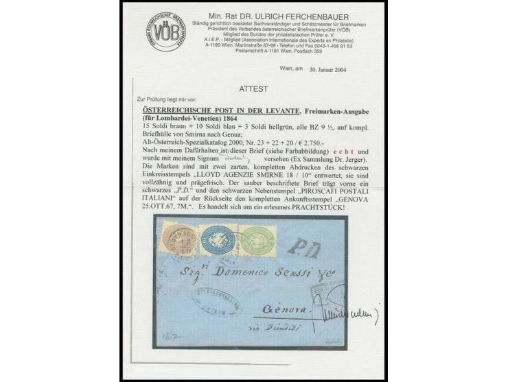3 So. grün, 10 So. blau und 15 So. braun mit EKr. "LLOYD AGENZIE SMIRNE 18/10 (1867) auf Brief nach Genua mit Ankunftsstempel