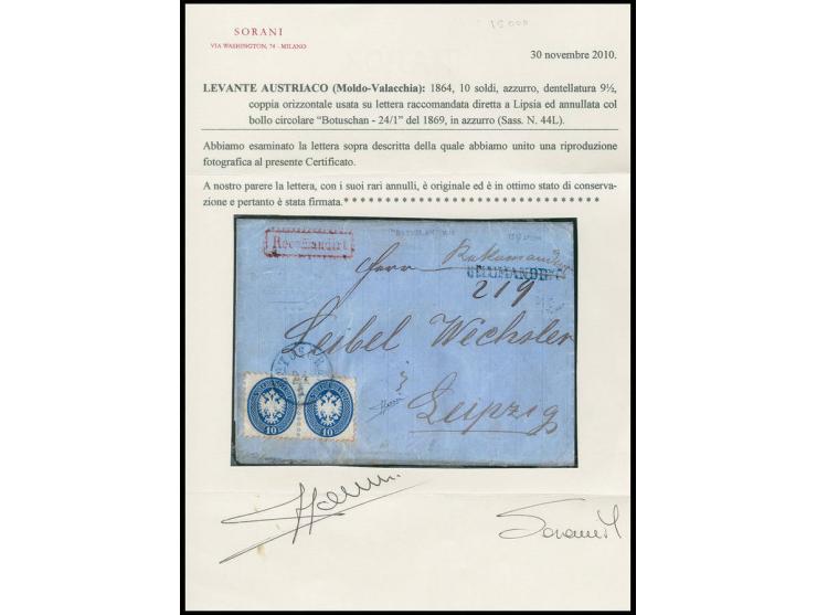 STEMPEL: "BOTUSCHAN 23/1" (1869), blauer EKr. auf 10 S. blau (Paar) auf R-Brief nach Leipzig mit blauem L1 "RECOMANDIRT" und 