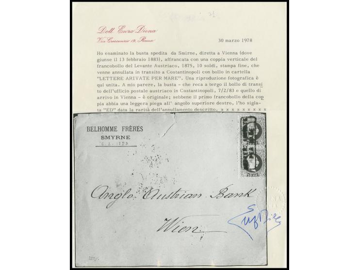 "LETTERE ARIVATE PER MARE", Ra2 auf 10 So. blau im senkrechtens Paar auf Brief (oben Einriß) von Smyrna nach Wien mit Transit