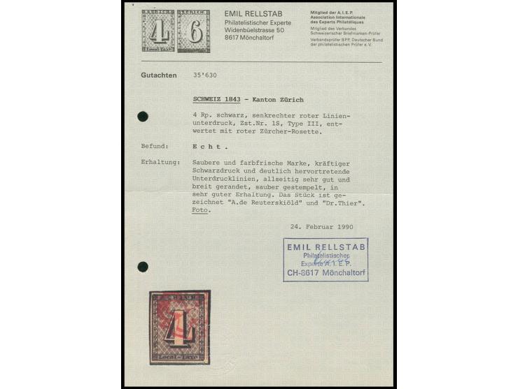 ZÜRICH: 1843, Unterdruck waagerecht: 4 Rp. schwarz, Type III, sehr schön farbfrisch mit gut sichtbarem Unterdruck, voll- bis 