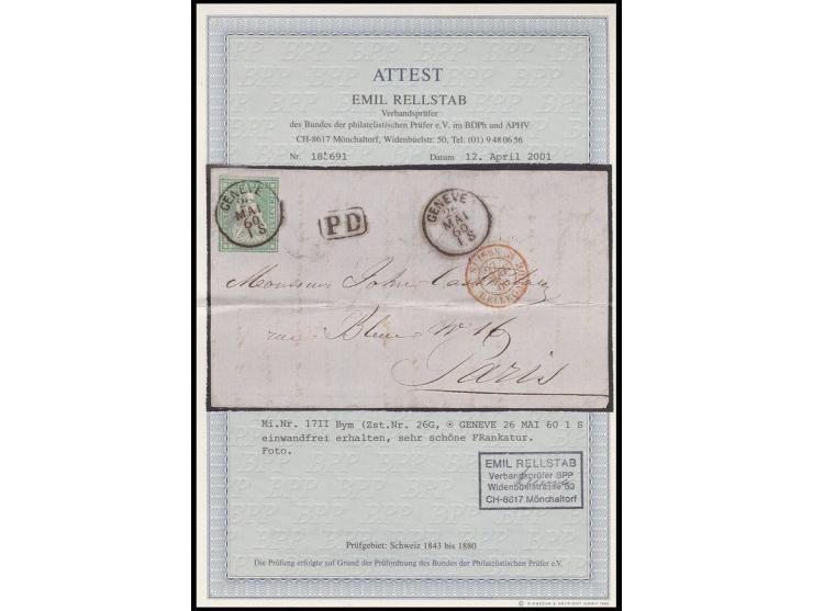 1854/59, Strubli-Ausgabe, später Berner Druck: 40 Rp. gelblichgrün, sehr schön gerandet, oben mit Teil der Nachbarmarke, mit 