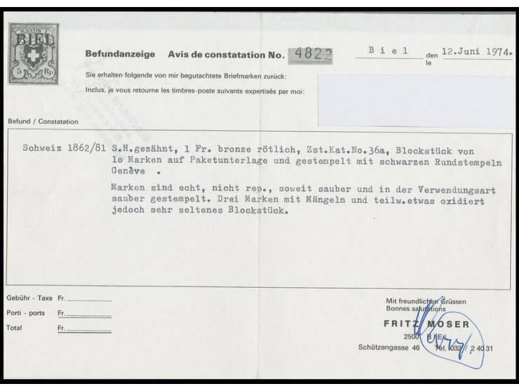 1 Fr. goldbronze, rotbrauner Unterdruck, waagerechter 10er-Block mit Stempeln "GENEVE 14 DC. .." auf Leinenbriefstück, 3 Wert