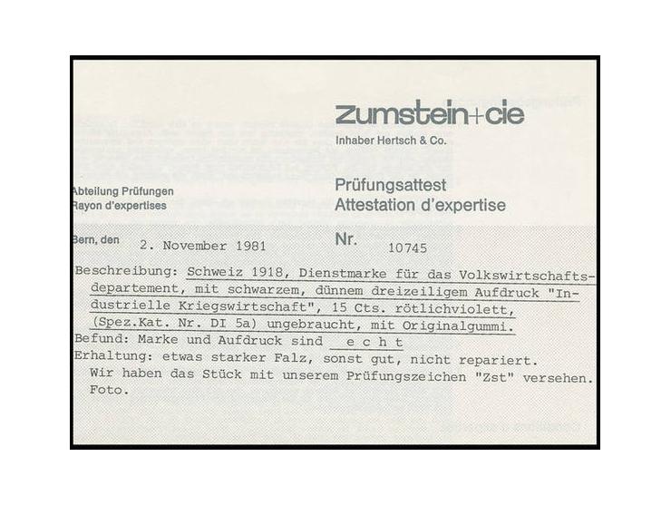DIENSTMARKEN: 1918, Industrielle Kriegswirtschaft, dünner Aufdruck auf 15 C. rötlichviolett (Urmarke Mi.-Nr. 120d), ungebrauc
