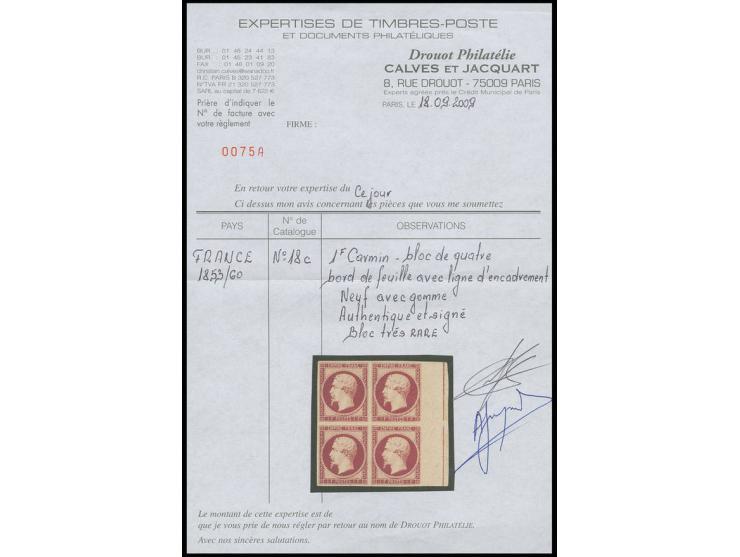 1 fr. carmin, bloc de quatre du bord de la feuille avec ligne d'encadrement ; très bien margé et frais de couleur, neuf avec 