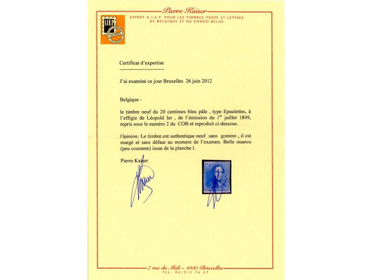 20 c. pale blue, extraordinary fresh colour and clear to good margins, unused without gum, fine, certificate Kaiser AIEP, ex 