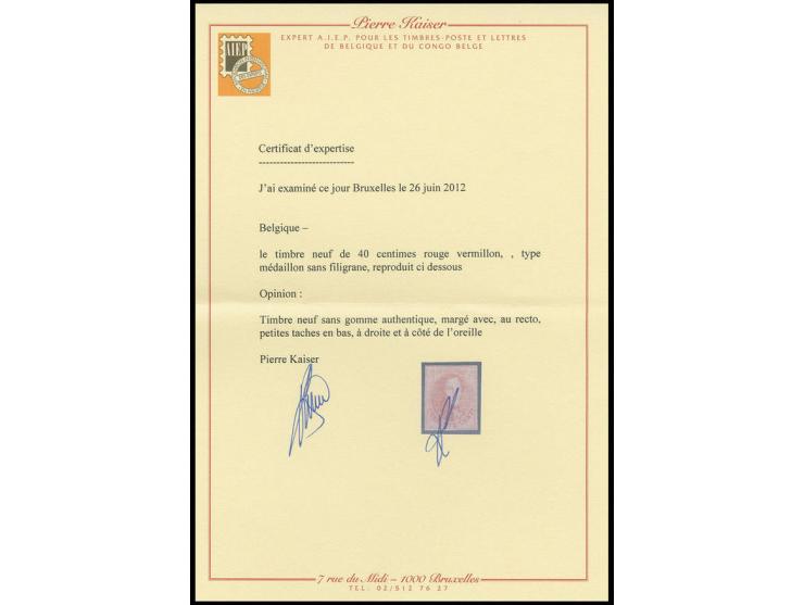  40 c. vermillion, fresh colour, full margins all around, unused without gum, on reverse two small spots, fine and rare, cert
