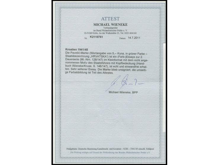 1941, Pavelic 5 k. green, imperforated large die proof, unmounted mint, scarce, certificate Wieneke BPP