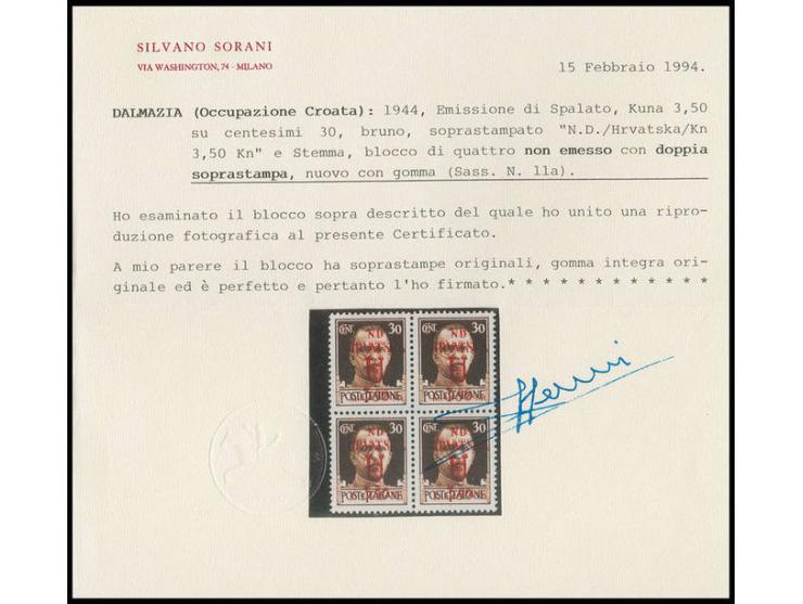 OCCUPATION DALMATIA: SPALATO: 1944, unissued 3.50 k. on 30 c. brown, block of four with double overprint, mint never hinged, 