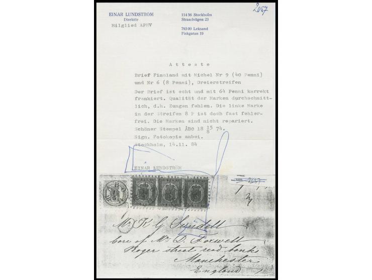 8 p. on green in horinzontal strip of 3 with 40 p. rose, tied by blue clear "ABO 16 5 1874" to envelope to England with St. P