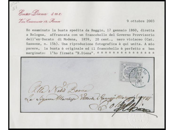 1859, 20 c. violet-black with large to enormous margins all around, neatly tied by clear "REGGIO 17 GEN 60" to small ladies e