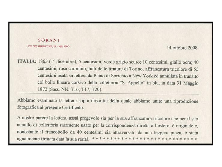 5 c. grey, 10 c. orange and 40 c. rose used on entire letter from Piano di Sorrento to New York, the stamps cancelled in tran