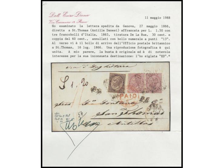60 c. violet and 30 c. brown tied to letter sheet via England with adjacent red "LONDON PAID" to St. Thomas, Danish West Indi