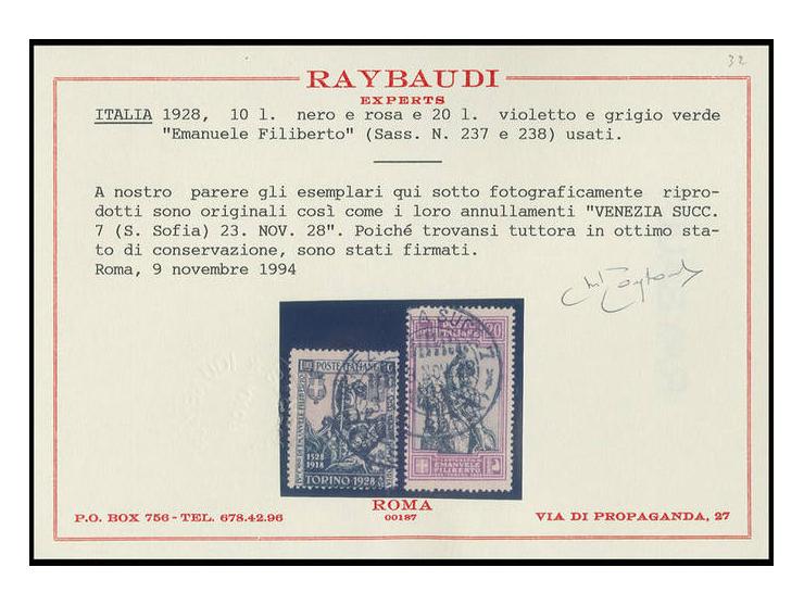 1928, Emanuel Philibert 20 l. violet/black and 10 l.black/rose, used, fine, sign. Raybaudi with certificate (Mi. 690,-)
