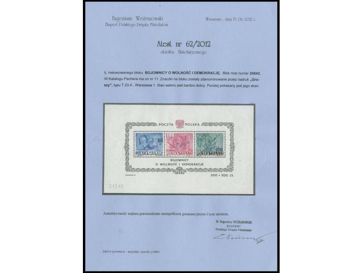 Roosevelt souvenir sheet with handstamp "groszy" in type 23A, unmounted mint, certificate Wezranowski