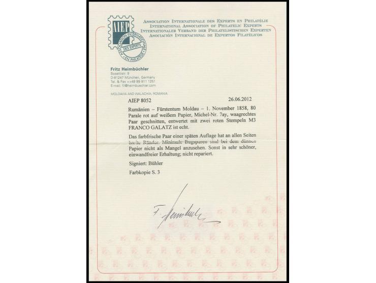 80 par. red, horizontal pair with good colour and wide margins all around, used with "FRANCO GALATZ", fine, certificate Heimb