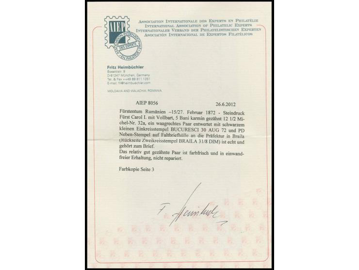 1872, Carol I. 5 b. red, horizontal pair tied by cds. "BUCURESCI 30 AUG 72" to folded letter to the prefecture of Braila with