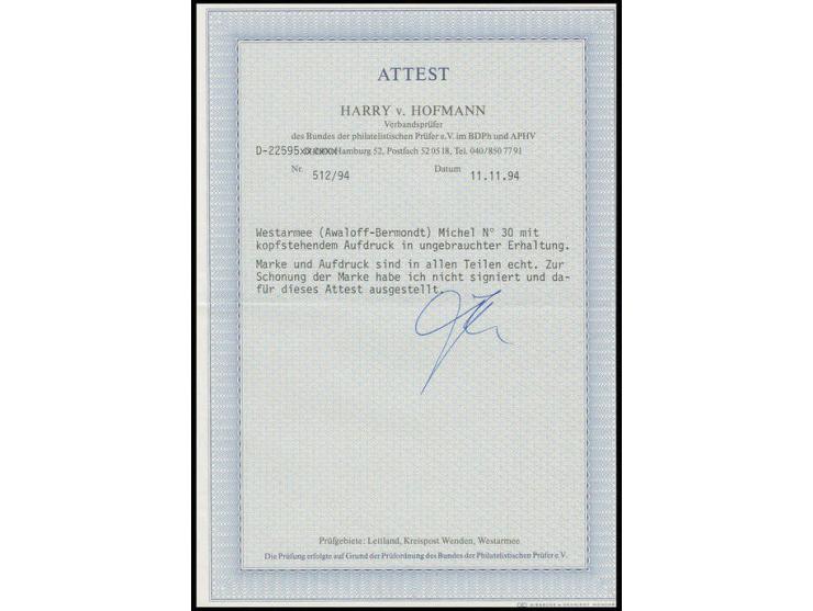 WEST ARMY: 1919, 70 on 15 k. with inverted and shifted overprint, mint, fine, certificate Hofmann BPP, additionally 1 r. on 2