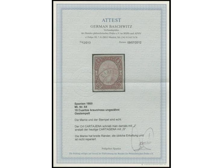 1865, 19 cs. brown/rose, good margins all around, used, fine, certificate Baschwitz BPP, ex collection Severin