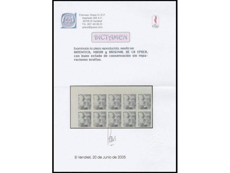 1939, Franco 10 c., imperforated colour proof in grey, horizontal block of 10 from the upper left sheet corner, ungummed, fin