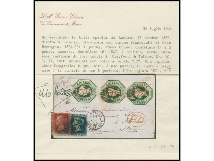 1847/57, embossed issue 1 sh. deep-green, die 2, vertical strip of 3 with clear to good margins together with 1 d. red-brown 