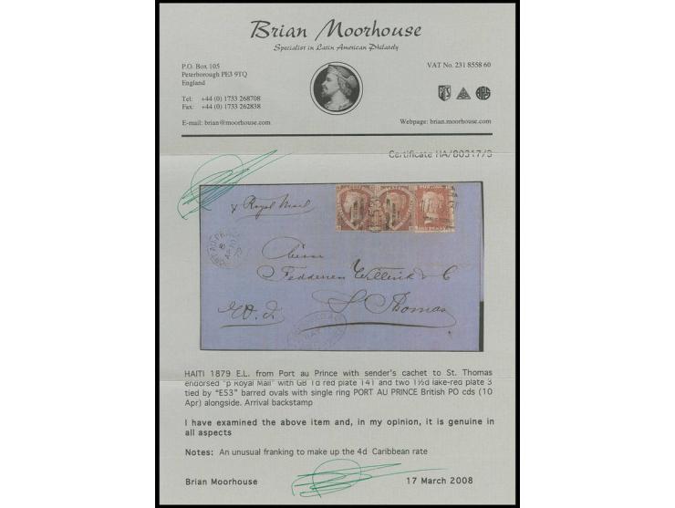 HAITI: 1 d. rose-red, pl. 171, and 1½ d. lake-red, tied by barred "E53" to entire letter from "PORT AU PRINCE AP 10 79" to St