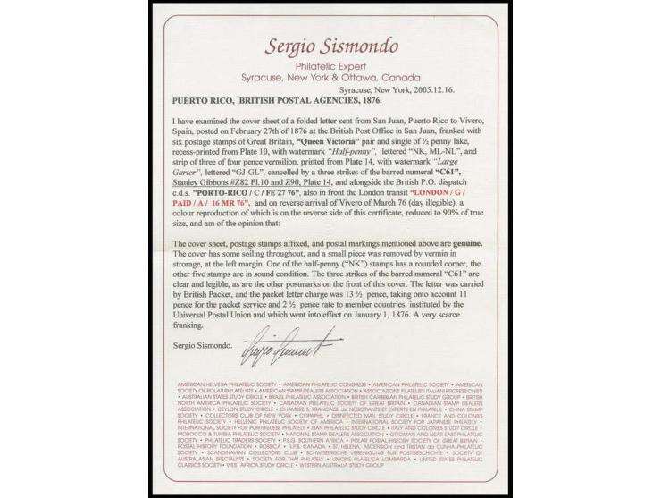 PUERTO RICO: ½ d. rose-red in vertical strip of 3 and 4 d. vermilion, plate 14, in vertical strip of 3, tied by 3 strikes of 