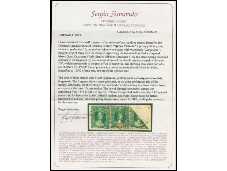 1875, Victoria 1 d. green, diagonal bisect, lower left half in horizontal strip with 2 complete stamps, tied by double circle