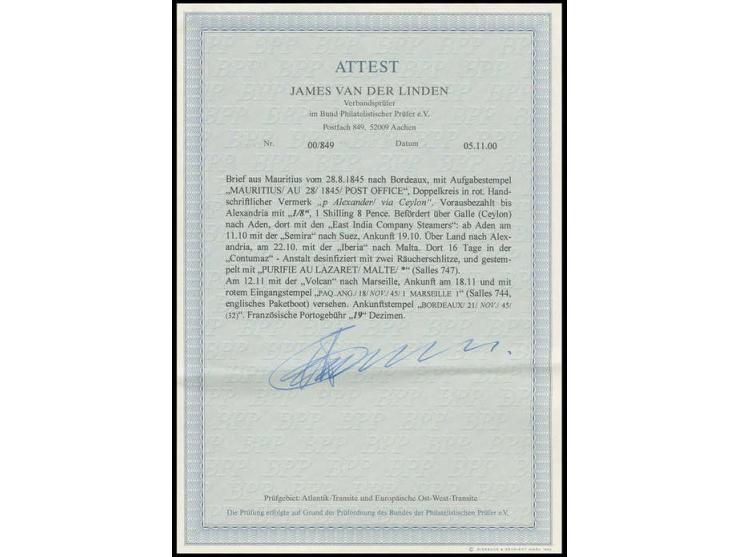 1845, letter sheet with part of contents with red double circle "MAURITIUS POST OFFICE AU 28 1845" via Galle (Ceylon), Aden, 