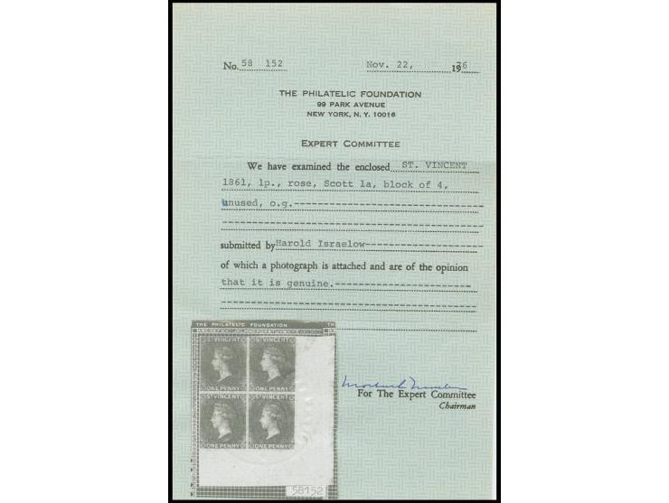 1861, issue without water mark 1 d. rose-red imperforated in block of 4 from the lower right sheet corner with wide margins, 