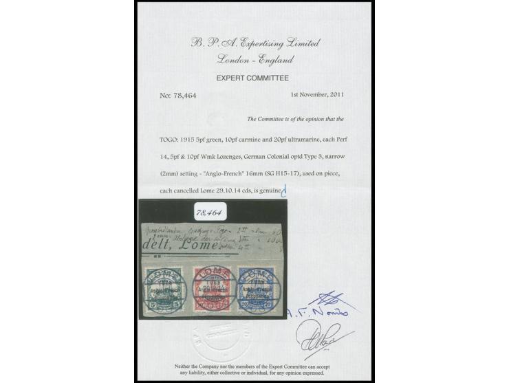 ANGLO-FRENCH OCCUPATION: 1914, 5-20 Pfg. tied by cds. "LOME 29.10.14" to piece, 10 Pfg. corner faults at left, otherwise fine