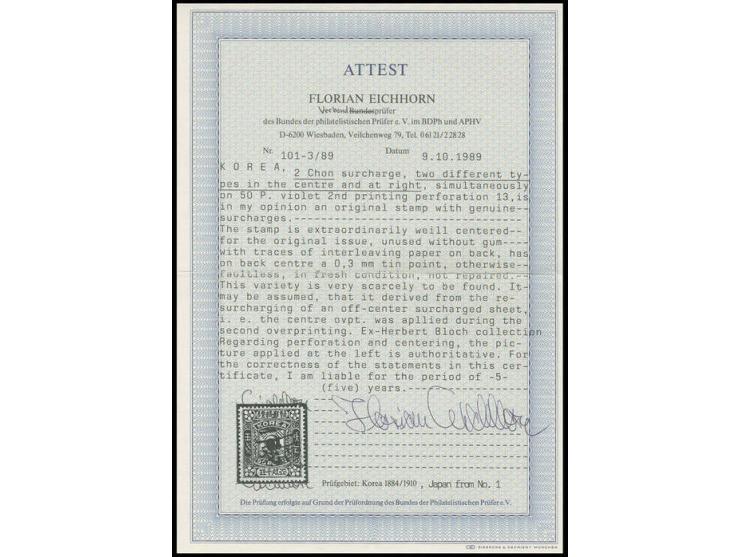 1902, surcharge issue: 2 ch. on 50 p. lilac with double overprint in 2 different types, unused in fresh colour and well cente
