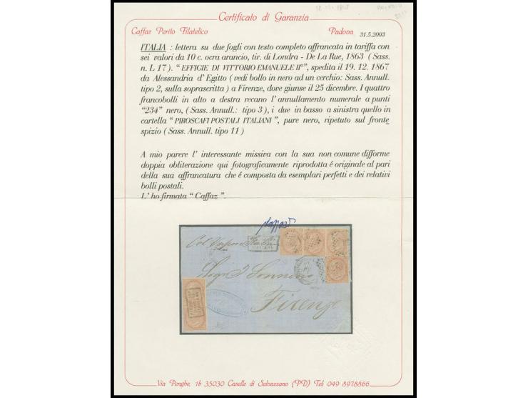 ITALIAN POST: 1867, De La Rue 10 c. orange-brown, 6 single copies, 4 tied by dotted numeral "234" and 2 by boxed "PIROSCAFI P