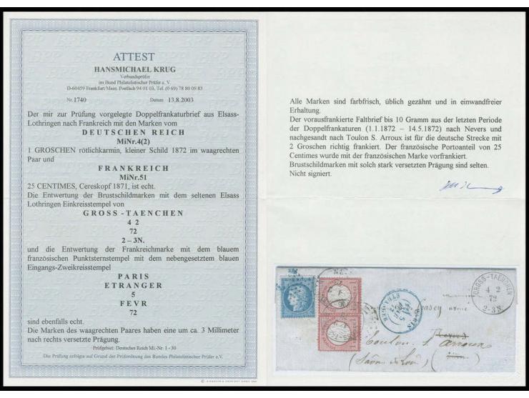 1 Gr. karmin im waagerechten Paar mit ca. um 3 mm nach rechts versetzter Prägung, mit Elsaß-Lothringen-EKr. "GROSS -TAENCHEN 