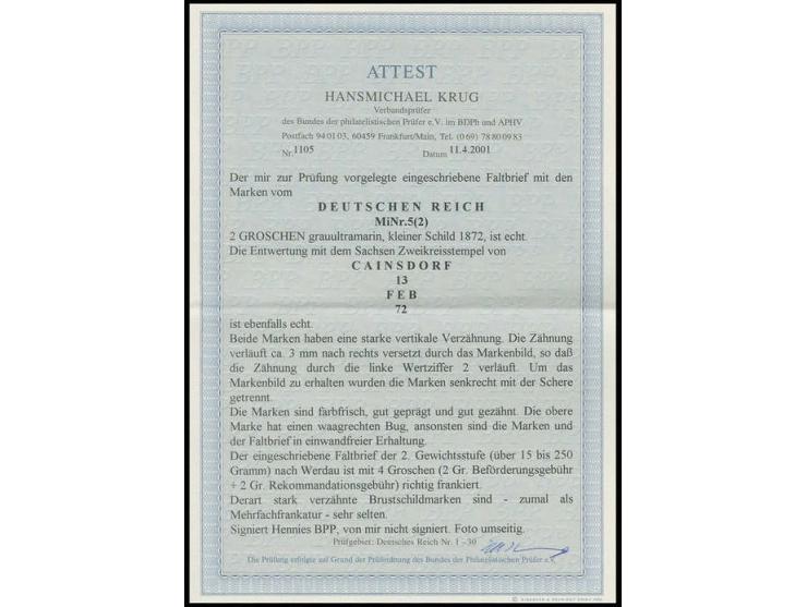 2 Gr. grauultramarin mit Sachsen-DKr. "CAINSDORF 13 FEB 72", 2 Einzelwerte als Mehrfachfrankatur auf eingeschriebenem Faltbri
