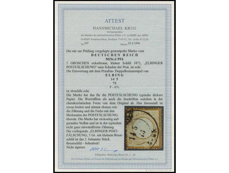 5 Gr. ockerbraun, "ELBINGER POSTFÄLSCHUNG" mit Preußen-DKr. "ELBING 14 5 73", rückseitig aufgerauhte Stelle und in der typisc