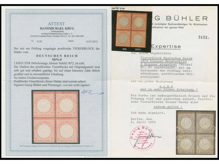 2 Kr. ziegelrot im Viererblock, sehr gut geprägt und bis auf einen verkürzten Zahn gut gezähnt, leichte Oxydationsspuren, pos